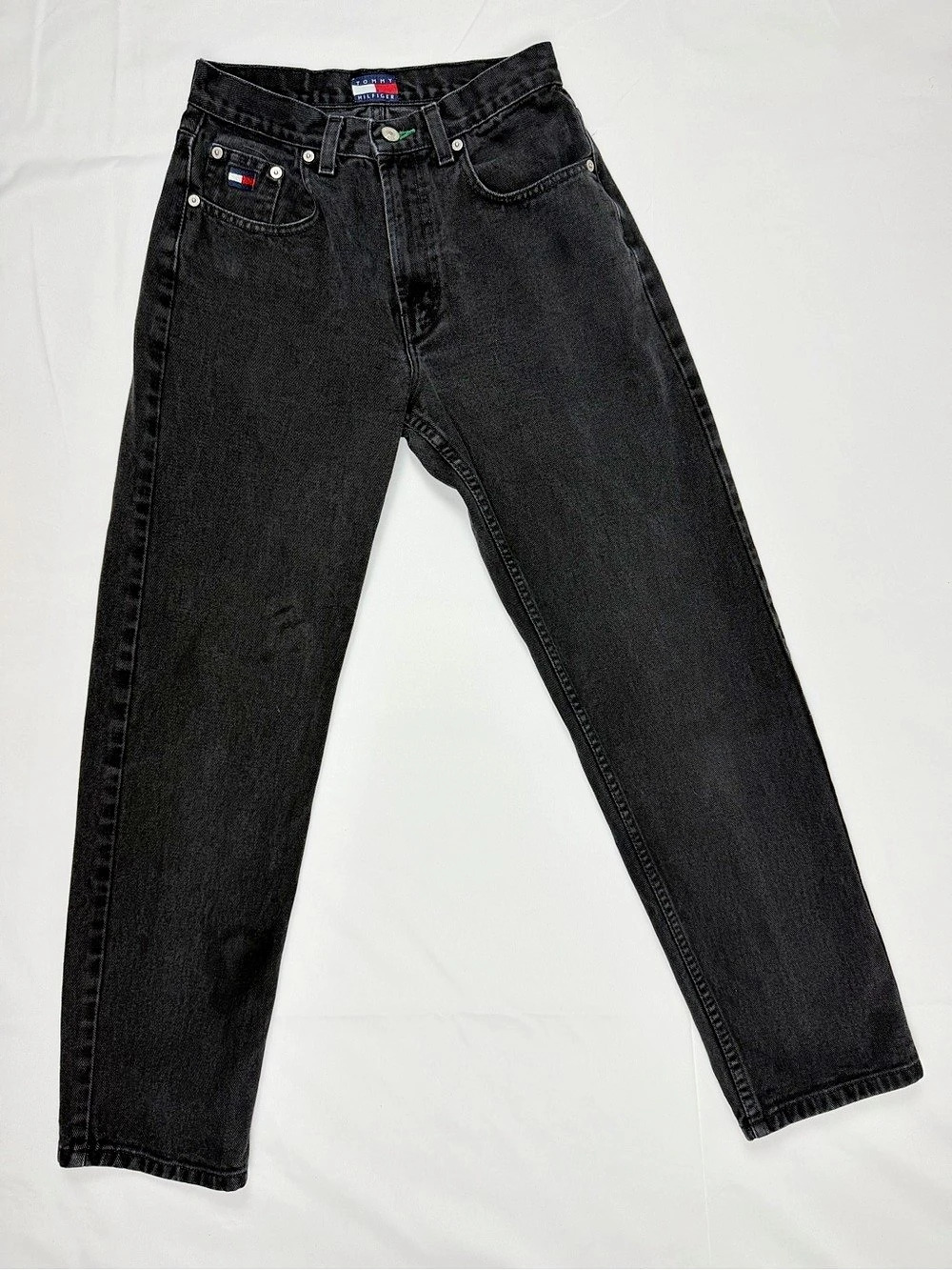 Vintage Tommy Hilfiger Jeans Black High Rise Straight Leg 90s Flag Logo Denim